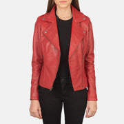Women's Flashback Red Leather Biker Jacket - Lateral Side Profile View Showing Sleeve Cut &amp; Athletic Taper Fit