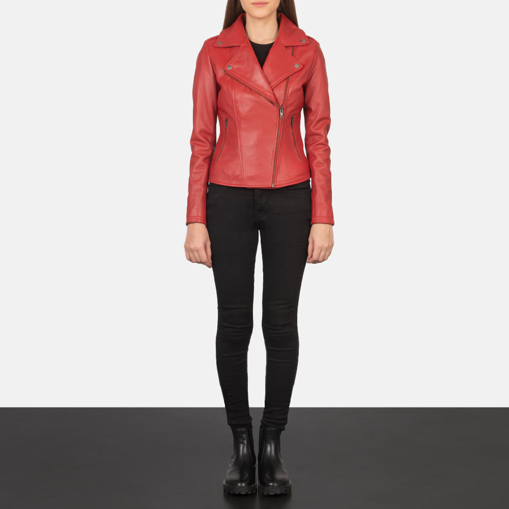 Dettaglio ravvicinato of Notch &amp; Zipper Hardware on Women's Flashback Red Leather Biker Jacket