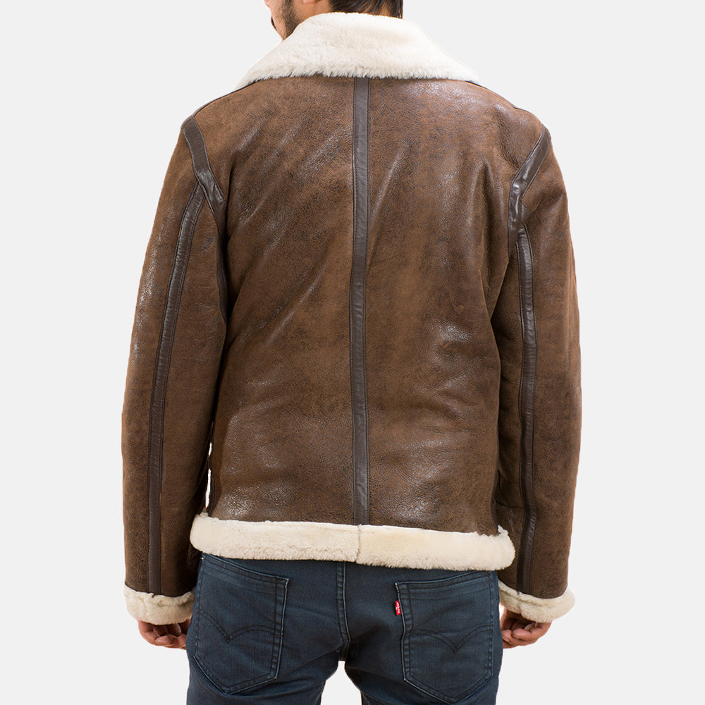 Distressed Brown Sheepskin Leather Aviator Jacket - Vista posteriore Showing Tailored Shoulder Fit &amp; Clean Hemline