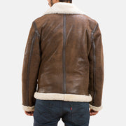 Distressed Brown Sheepskin Leather Aviator Jacket - Vista posteriore Showing Tailored Shoulder Fit &amp; Clean Hemline