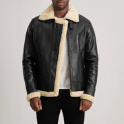 Men's Francis B-3 Black Leather Bomber Jacket in Black Sheepskin Leather - Vista frontale e linea su misura | Acquista online