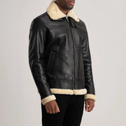 Black Sheepskin Leather Bomber Jacket - Vista posteriore Showing Tailored Shoulder Fit &amp; Clean Hemline