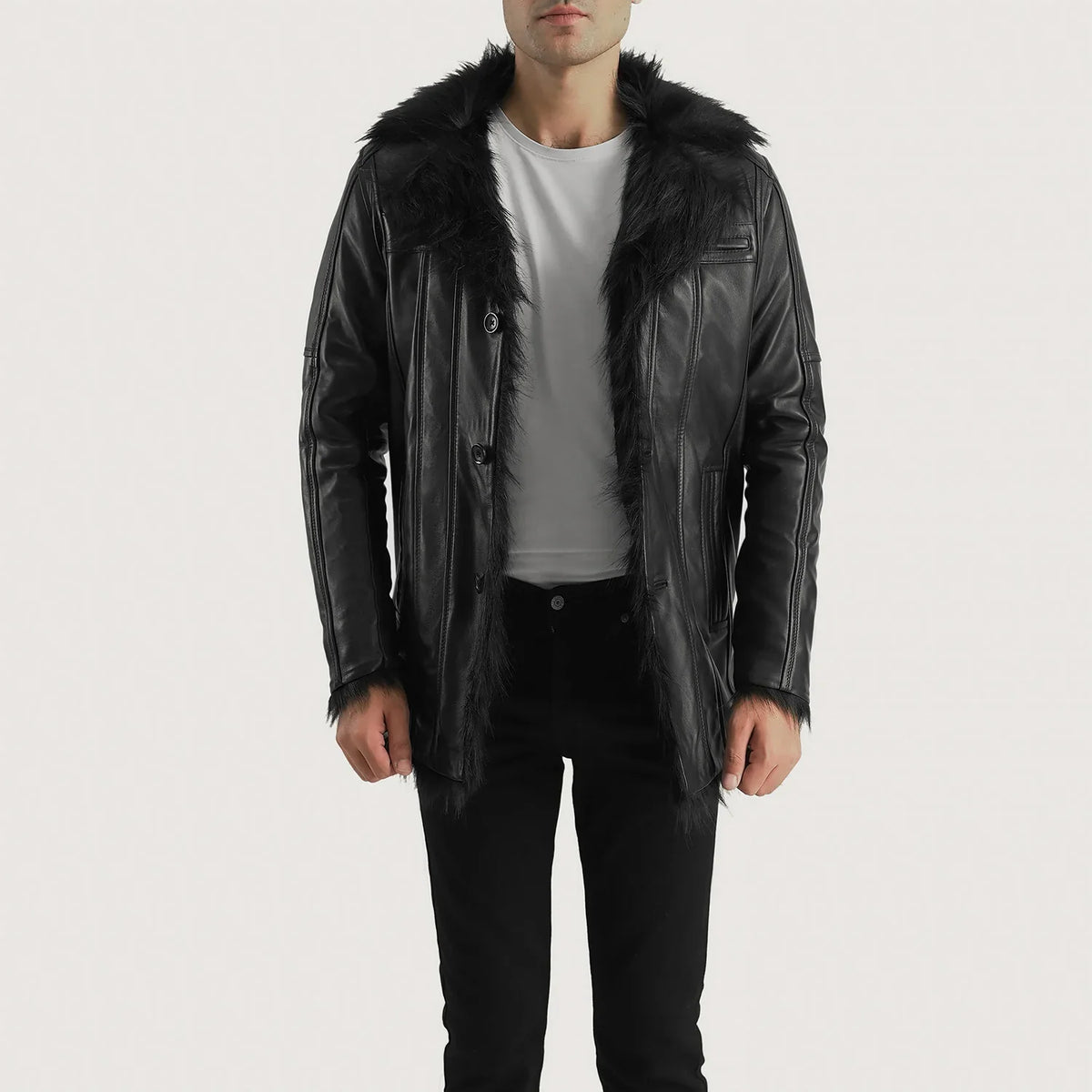 Men's Furcliff Nero Cappotto in Pelle da Uomo - Lateral Side Profile View Showing Sleeve Cut &amp; Athletic Taper Fit