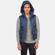 
Dettaglio ravvicinato of Band with Removable Hood & Zipper with dual puller and wind flap Hardware on Fuston Blu Gilet imbottito con cappuccio da Uomo