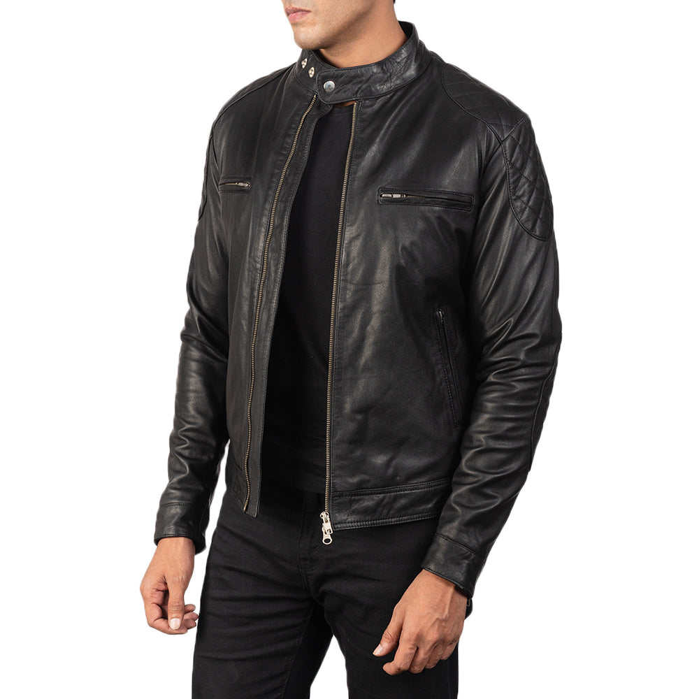 Black Goatskin Leather Biker Jacket - Vista posteriore Showing Tailored Shoulder Fit &amp; Clean Hemline