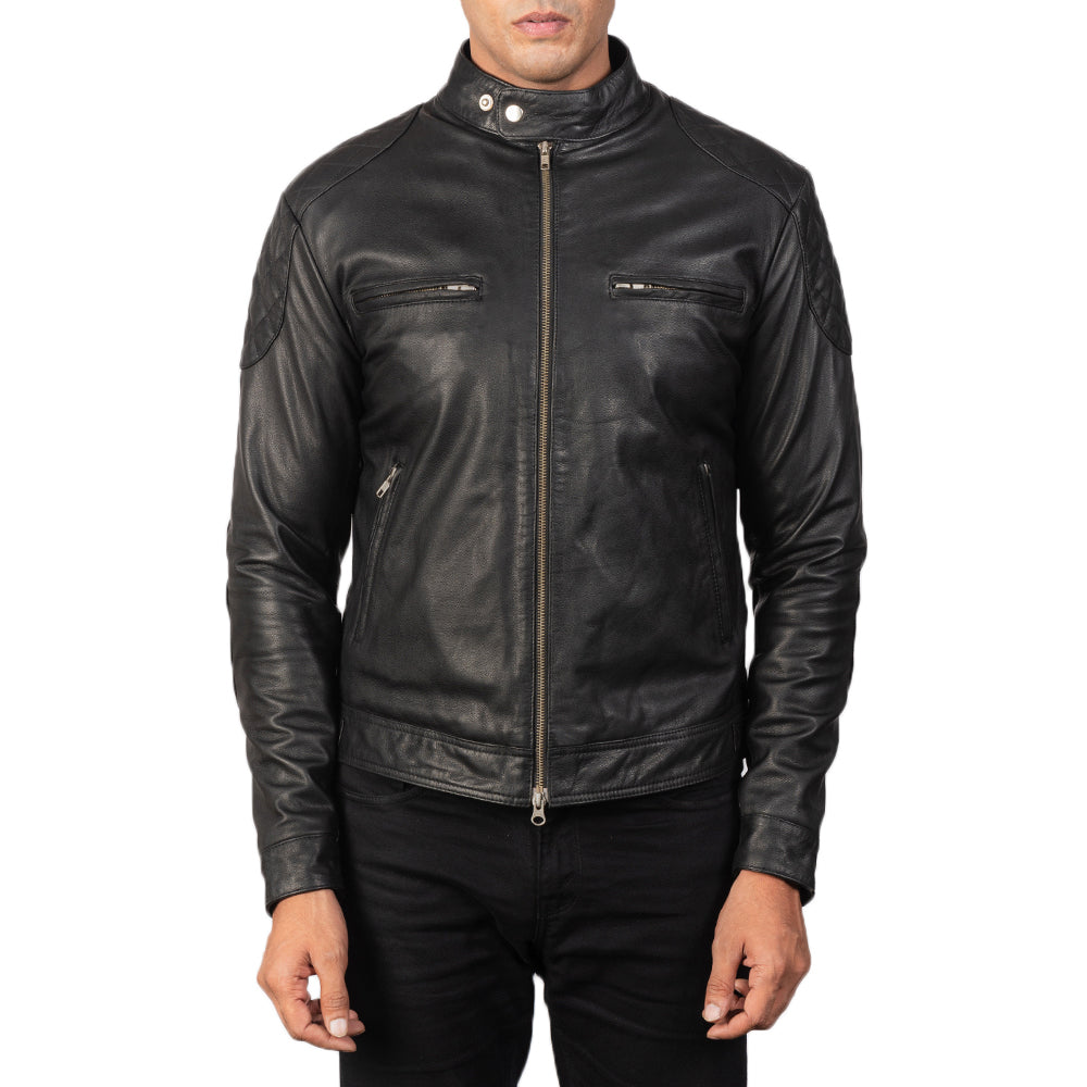 Dettaglio ravvicinato of Band with snap buttons &amp; Zipper Hardware on Men's Gatsby Quilted Black Leather Biker Jacket