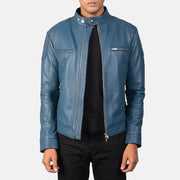 Men's Gatsby Quilted Blue Leather Biker Jacket in Blue Sheepskin Leather - Vista frontale e linea su misura | Acquista online