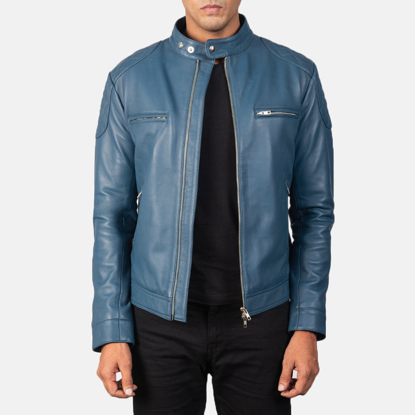 Men's Gatsby Quilted Blue Leather Biker Jacket in Blue Sheepskin Leather - Front Profile View & Tailored Silhouette | Buy Online
