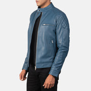 Blue Sheepskin Leather Biker Jacket - Vista posteriore Showing Tailored Shoulder Fit &amp; Clean Hemline