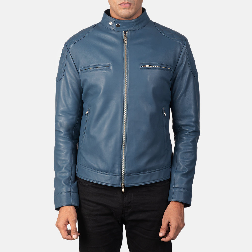 Dettaglio ravvicinato of Band with snap buttons &amp; Zipper Hardware on Men's Gatsby Quilted Blue Leather Biker Jacket