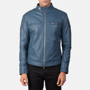 Dettaglio ravvicinato of Band with snap buttons &amp; Zipper Hardware on Men's Gatsby Quilted Blue Leather Biker Jacket