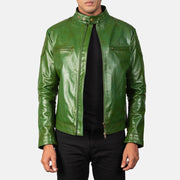 Men's Gatsby Quilted Green Leather Biker Jacket in Green Sheepskin Burnishing - Vista frontale e linea su misura | Acquista online