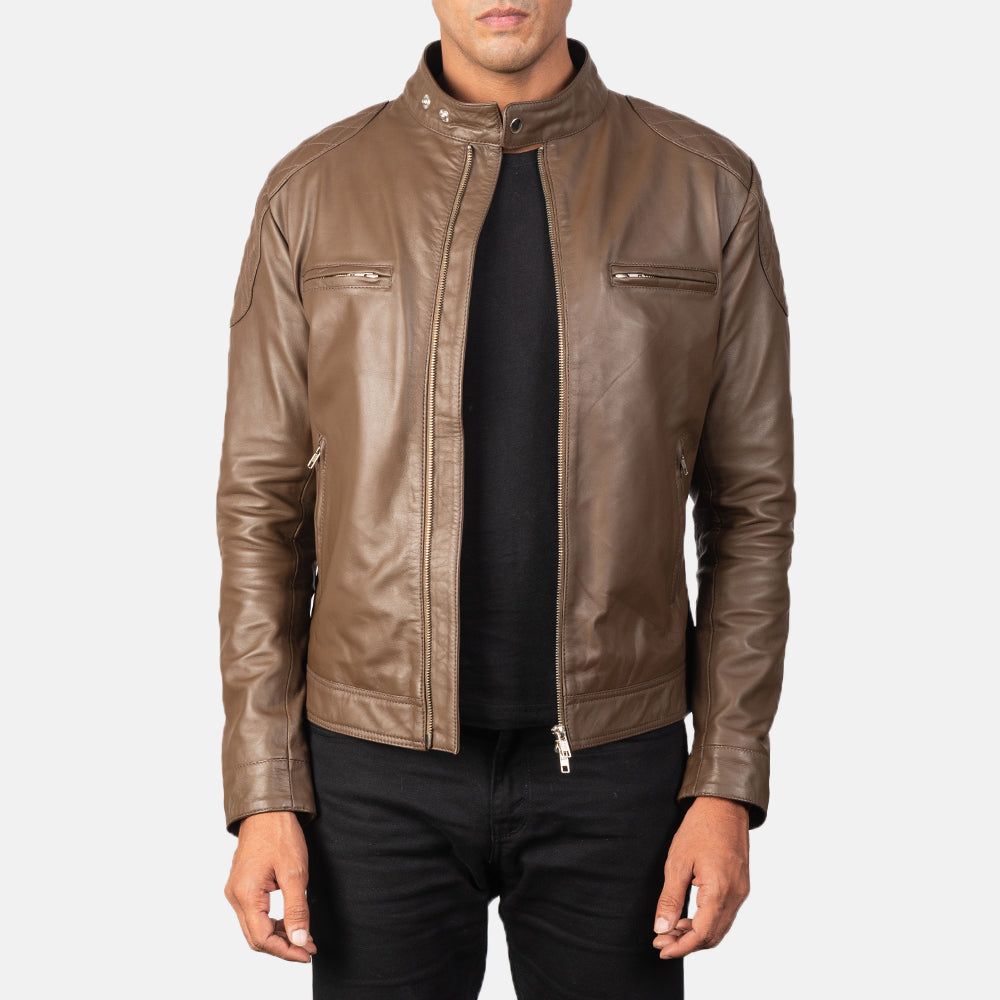 Gatsby Mocha Giacca Biker in Pelle da Uomo in Dark Brown Sheepskin Leather - Vista frontale e linea su misura | Acquista online