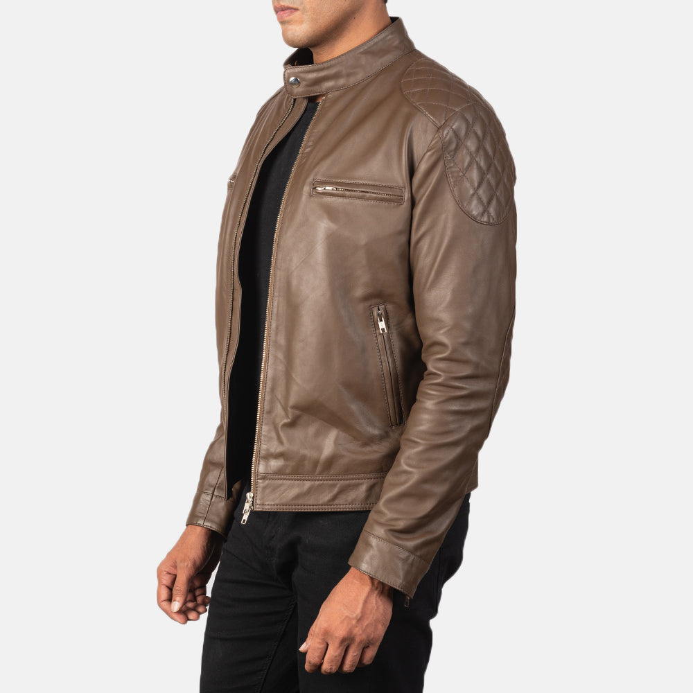 Dark Brown Sheepskin Leather Biker Jacket - Vista posteriore Showing Tailored Shoulder Fit &amp; Clean Hemline