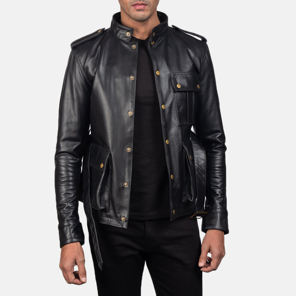 Germain Nero Giacca in Pelle da Uomo - Lateral Side Profile View Showing Sleeve Cut &amp; Athletic Taper Fit