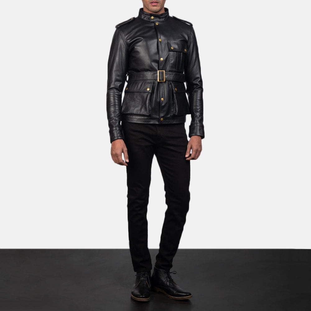 Dettaglio ravvicinato of Band with snap button &amp; Snap Button Hardware on Germain Nero Giacca in Pelle da Uomo