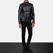 Dettaglio ravvicinato of Band with snap button &amp; Snap Button Hardware on Germain Nero Giacca in Pelle da Uomo