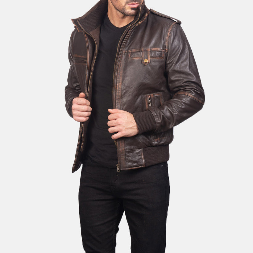 Glen Street Marrone Bomber in Pelle da Uomo