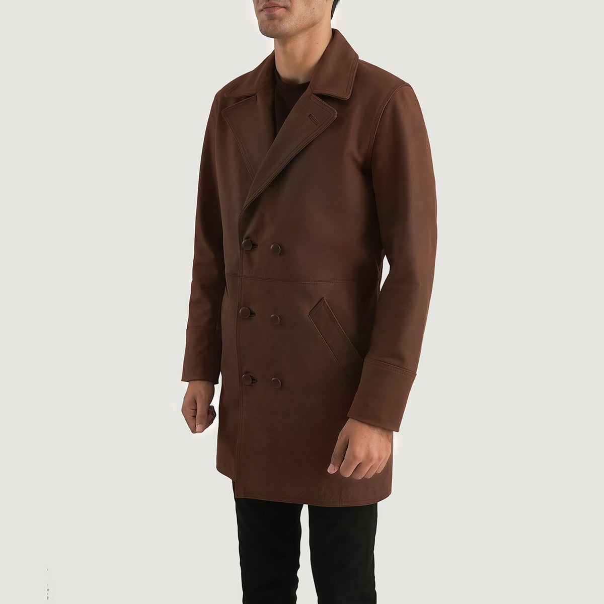 Distressed Brown Cowhide leather Coat - Vista posteriore Showing Tailored Shoulder Fit &amp; Clean Hemline