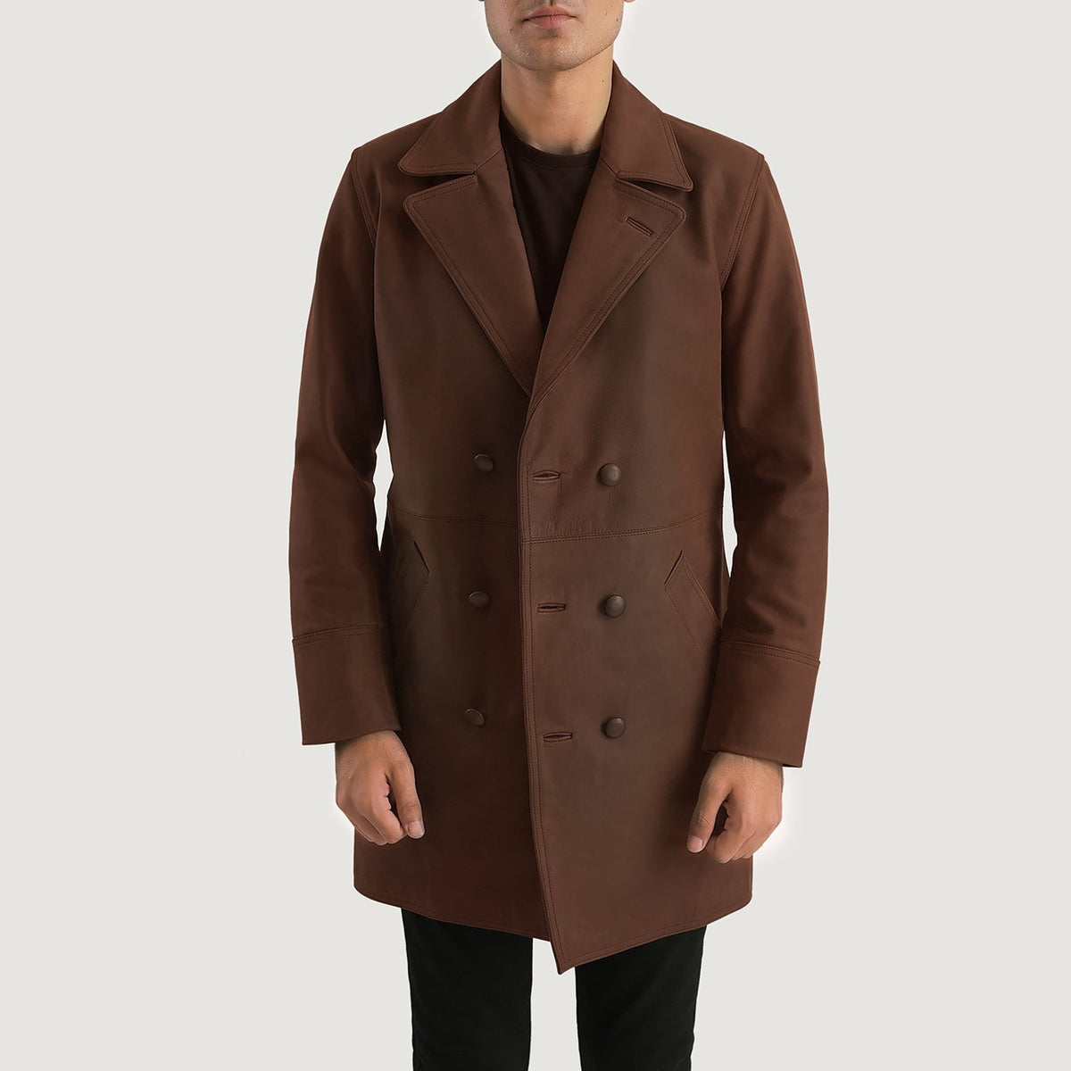 Men's Half Life Marrone Cappotto in Pelle da Uomo - Lateral Side Profile View Showing Sleeve Cut &amp; Athletic Taper Fit