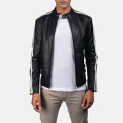 Hank Nero Giacca Biker in Pelle da Uomo in Black &amp; White Cowhide Leather - Vista frontale e linea su misura | Acquista online