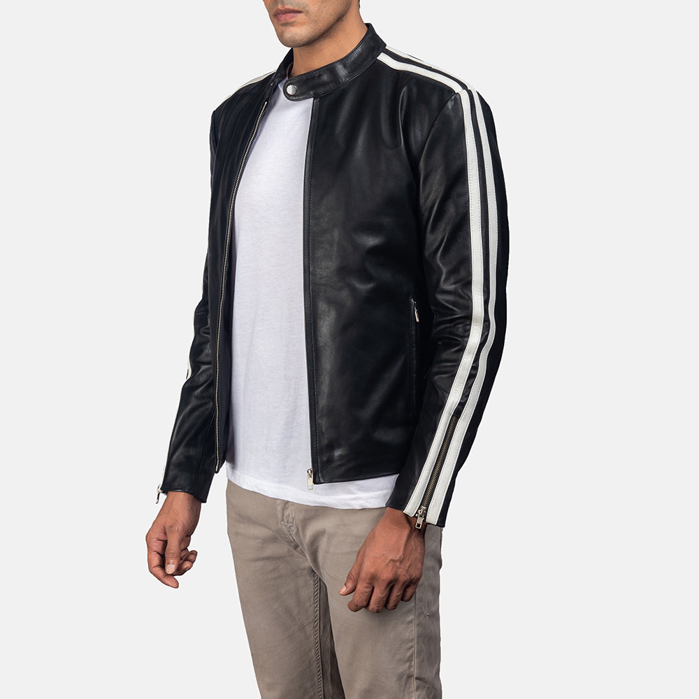 Black &amp; White Cowhide Leather Biker Jacket - Vista posteriore con spalle sartoriali e orlo pulito