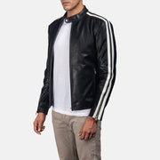 Black &amp; White Cowhide Leather Biker Jacket - Vista posteriore con spalle sartoriali e orlo pulito