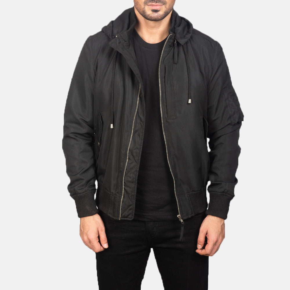 Men's Hanklin Ma-1 Black Hooded Bomber Jacket in Black Polyester - Vista frontale e linea su misura | Acquista online