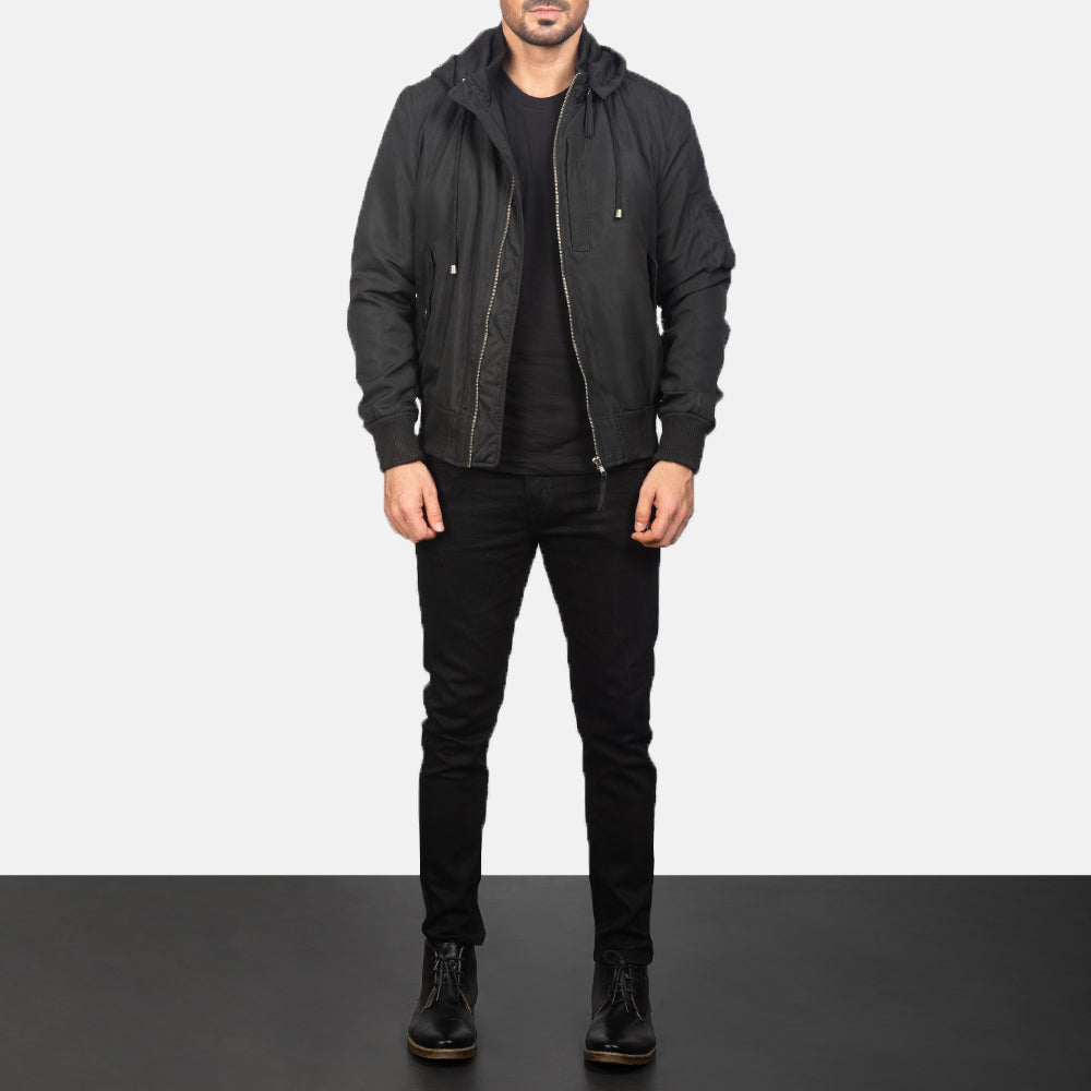 Men's Hanklin Ma-1 Black Hooded Bomber Jacket - Lateral Side Profile View Showing Sleeve Cut &amp; Athletic Taper Fit