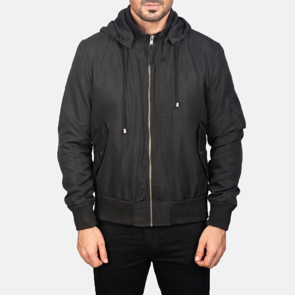 Dettaglio ravvicinato of Knit Rib with Removable Polyester Hood &amp; Zipper Hardware on Men's Hanklin Ma-1 Black Hooded Bomber Jacket