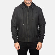 Dettaglio ravvicinato of Knit Rib with Removable Polyester Hood &amp; Zipper Hardware on Men's Hanklin Ma-1 Black Hooded Bomber Jacket