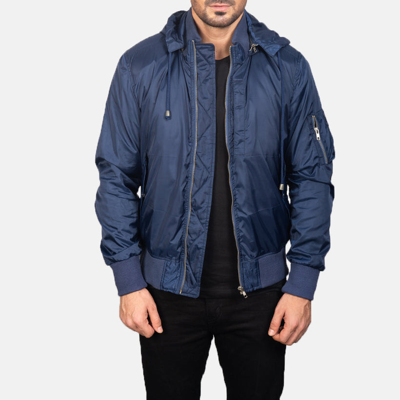 Hanklin MA-1 Blu Hooded Bomber in Pelle da Uomo