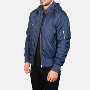 Blue Nylon Bomber Jacket - Vista posteriore Showing Tailored Shoulder Fit &amp; Clean Hemline
