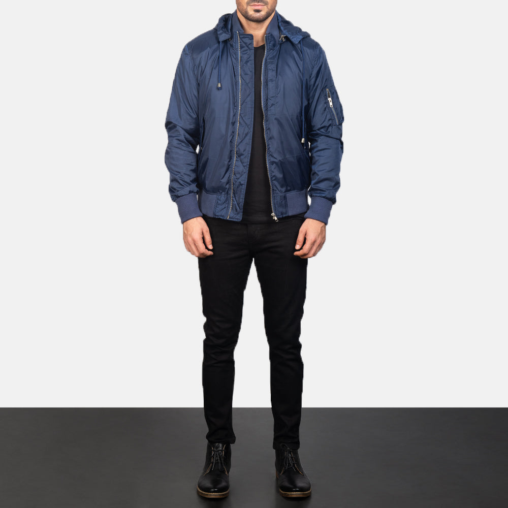 Men's Blue Hooded Bomber Jacket - Lateral Side Profile View Showing Sleeve Cut &amp; Athletic Taper Fit