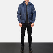 Men's Blue Hooded Bomber Jacket - Lateral Side Profile View Showing Sleeve Cut &amp; Athletic Taper Fit
