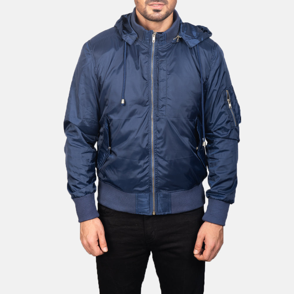 Dettaglio ravvicinato of Knit Rib with Removable Nylon Hood &amp; Zipper Hardware on Men's Blue Hooded Bomber Jacket