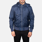 Dettaglio ravvicinato of Knit Rib with Removable Nylon Hood &amp; Zipper Hardware on Men's Blue Hooded Bomber Jacket
