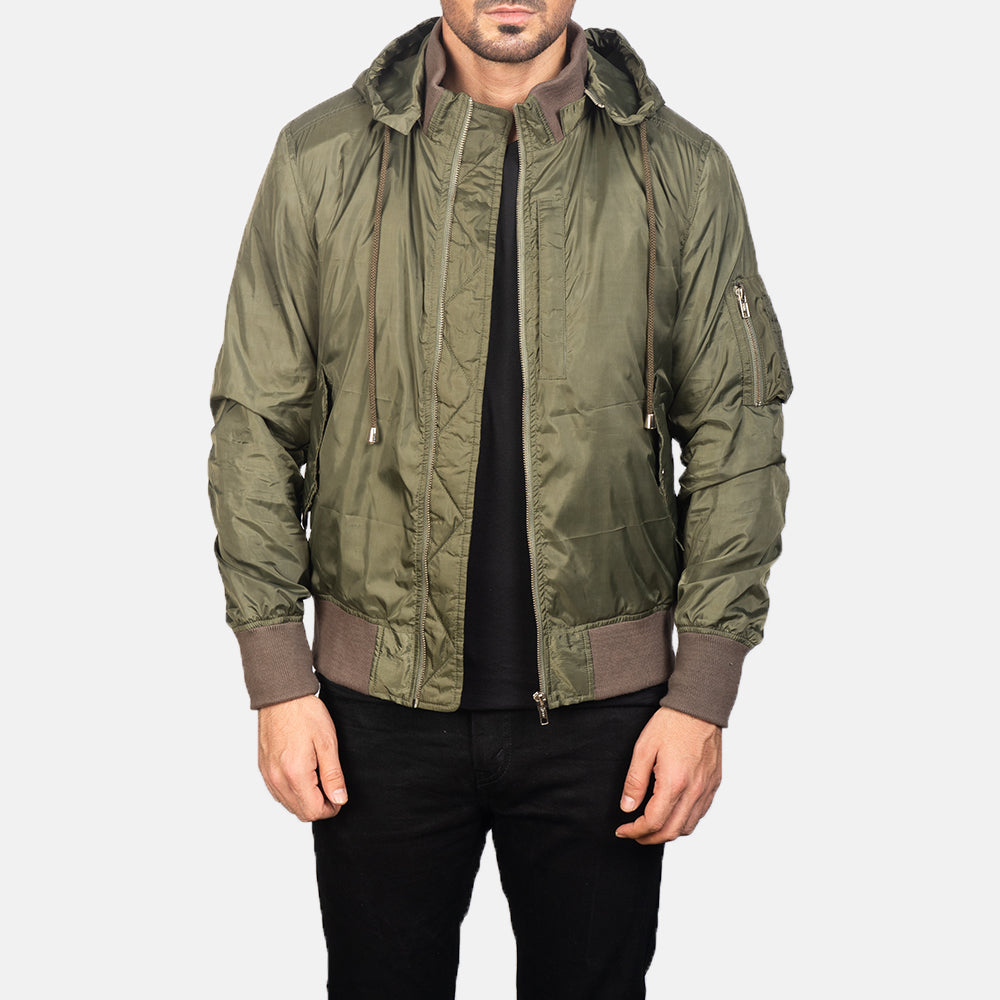 Men's Hanklin Ma-1 Green Hooded Bomber Jacket in Green Nylon - Vista frontale e linea su misura | Acquista online