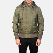 Dettaglio ravvicinato of Knit Rib with Removable Nylon Hood &amp; Zipper Hardware on Men's Hanklin Ma-1 Green Hooded Bomber Jacket
