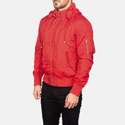 
Red Nylon Bomber Jacket - Vista posteriore con spalle definite e orlo pulito