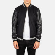 Harrison Nero Hybrid Varsity Giacca in Pelle da Uomo in Black Sheepskin Leather - Vista frontale e linea su misura | Acquista online
