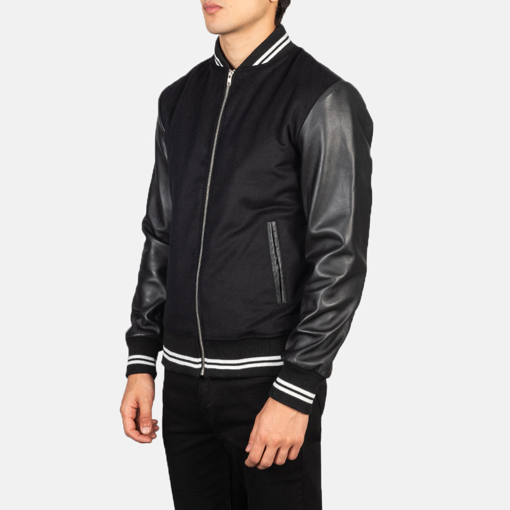 Black Sheepskin Leather Varsity Jacket - Vista posteriore Showing Tailored Shoulder Fit &amp; Clean Hemline