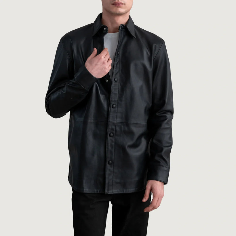 Haven Black Leather Shirt in Black Sheepskin Leather - Front Profile View & Tailored Silhouette | Buy Online