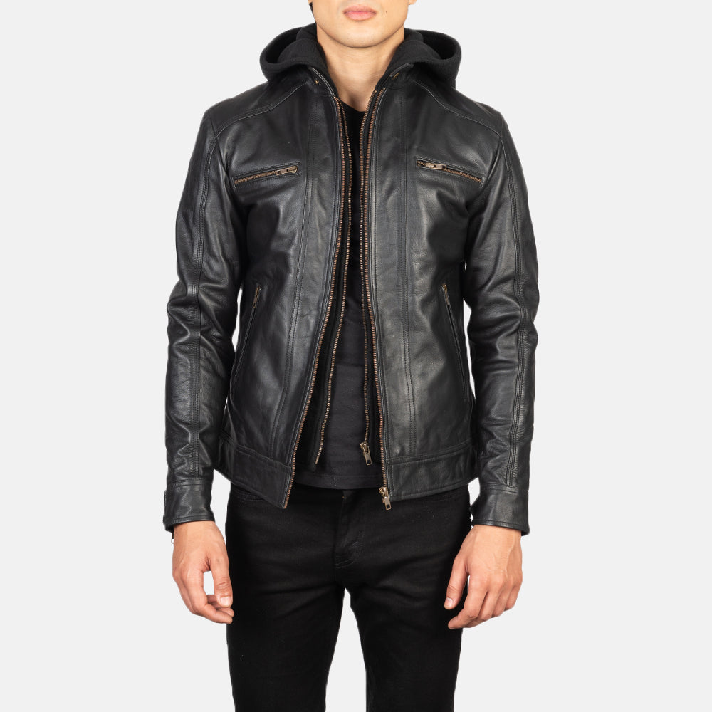 Men's Hector Nero Hooded Giacca Biker in Pelle da Uomo in Black Cowhide Leather - Vista frontale e linea su misura | Acquista online