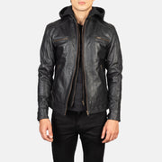 Men's Hector Nero Hooded Giacca Biker in Pelle da Uomo in Black Cowhide Leather - Vista frontale e linea su misura | Acquista online