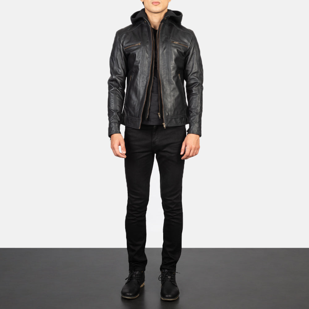 Men's Hector Nero Hooded Giacca Biker in Pelle da Uomo - Lateral Side Profile View Showing Sleeve Cut &amp; Athletic Taper Fit