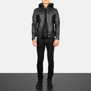 Men's Hector Nero Hooded Giacca Biker in Pelle da Uomo - Lateral Side Profile View Showing Sleeve Cut &amp; Athletic Taper Fit