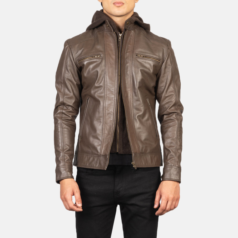 Men's Hector Marrone Hooded Giacca Biker in Pelle da Uomo in Brown Cowhide Leather - Vista frontale e linea su misura | Acquista online