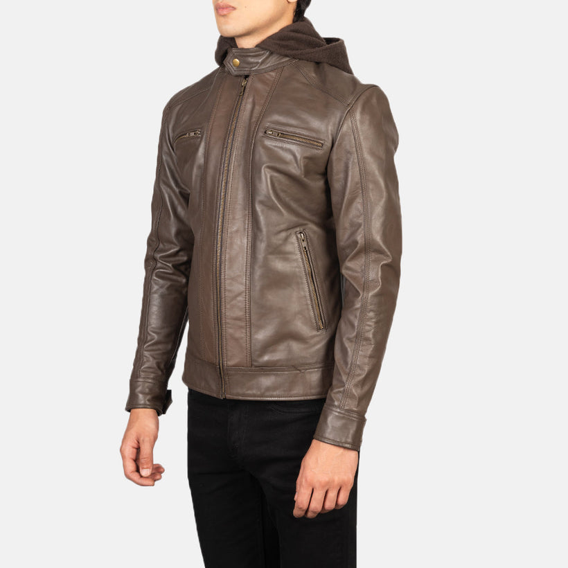 Hector Marrone Hooded Giacca Biker in Pelle da Uomo