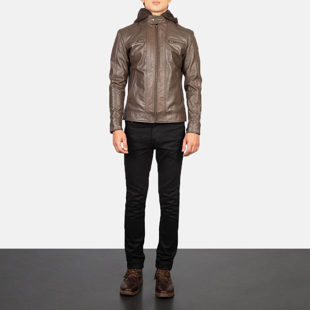 Men's Hector Marrone Hooded Giacca Biker in Pelle da Uomo - Lateral Side Profile View Showing Sleeve Cut &amp; Athletic Taper Fit